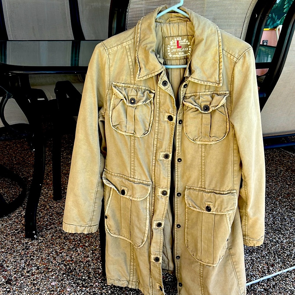 Jet lag 4 real denim covers military style cargo jacket . Olive green color .